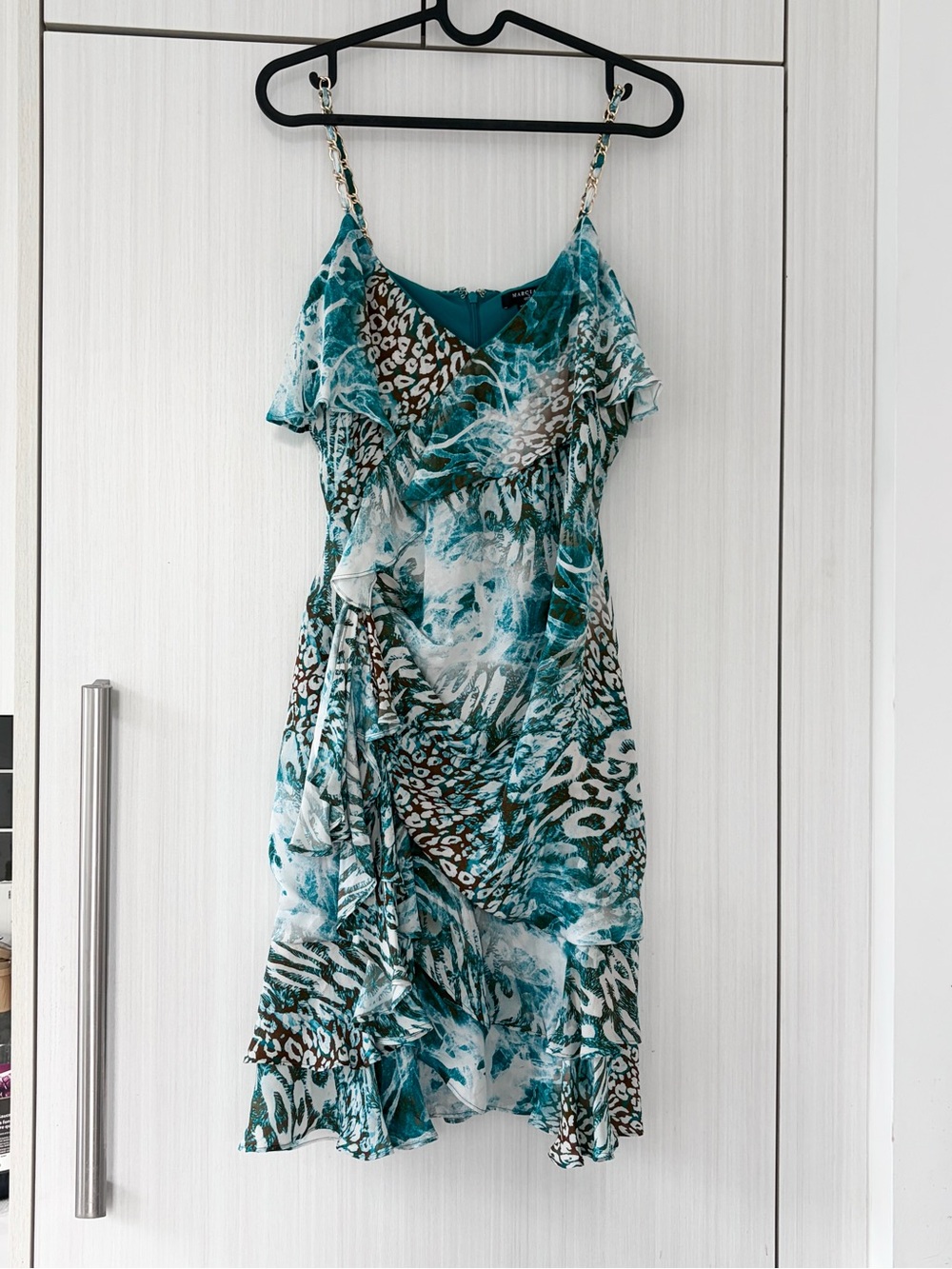 Marciano Teal Aquamarine Animal-Print Fairy Draped Dress 100% Silk